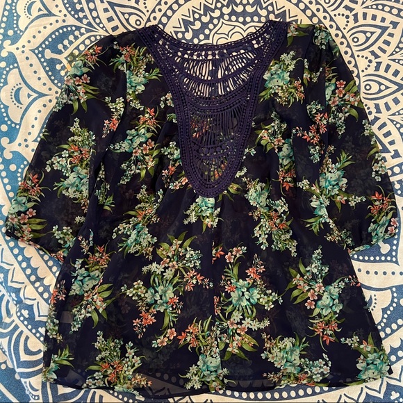 Charming Charlie Tops - CHARMING CHARLIE SIZE L LARGE NAVY FLORAL SHEER CROCHET ADORABLE SHIRT TOP 203
